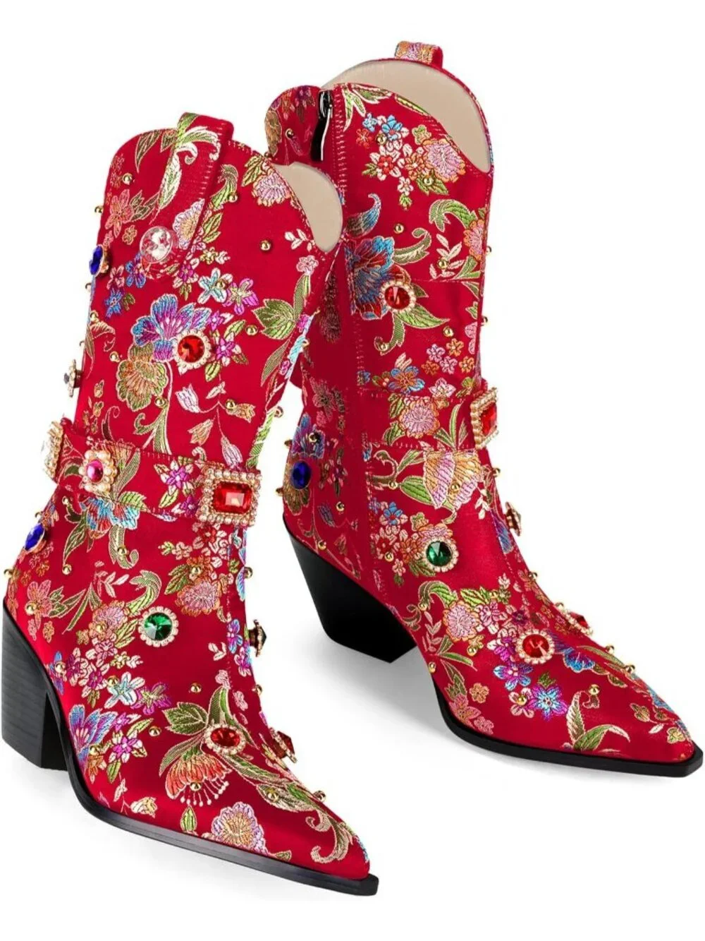 Women's Red Western Floral Embroidery Rhinestone Sparkly Cowgirl Mid Calf Boot